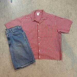 Red Y2K Surf Style Boxy Cropped Button Up Shirt